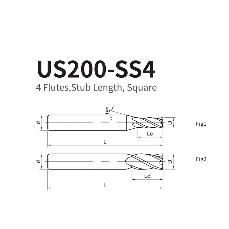 G-US200-SS4 4 Flute Square Head Short Edge Coated Endmills