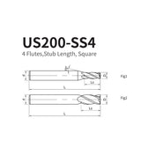 G-US200-SS4 4 Flute Square Head Short Edge Coated Endmills