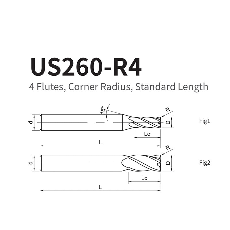 G-US260-R4 4 Flutes, Corner Radius, Standard Length