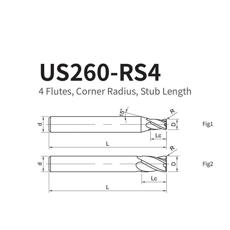 G-US260-RS4 4 Flutes, Corner Radius, Stub Length