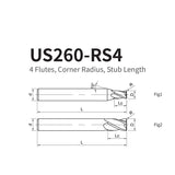 G-US260-RS4 4 Flutes, Corner Radius, Stub Length