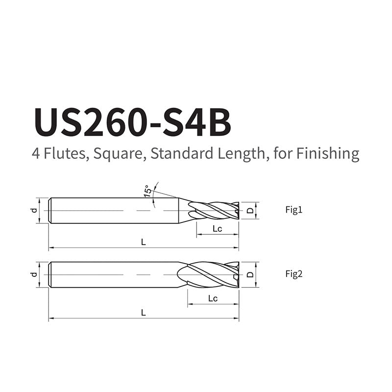 G-US260-S4B  4 Flutes, Square, Standard Length, for Finishing