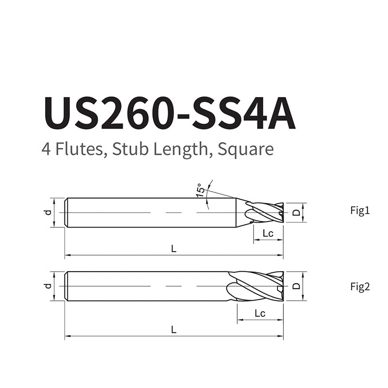 G-US260-SS4A 4 Flutes, Stub Length, Square