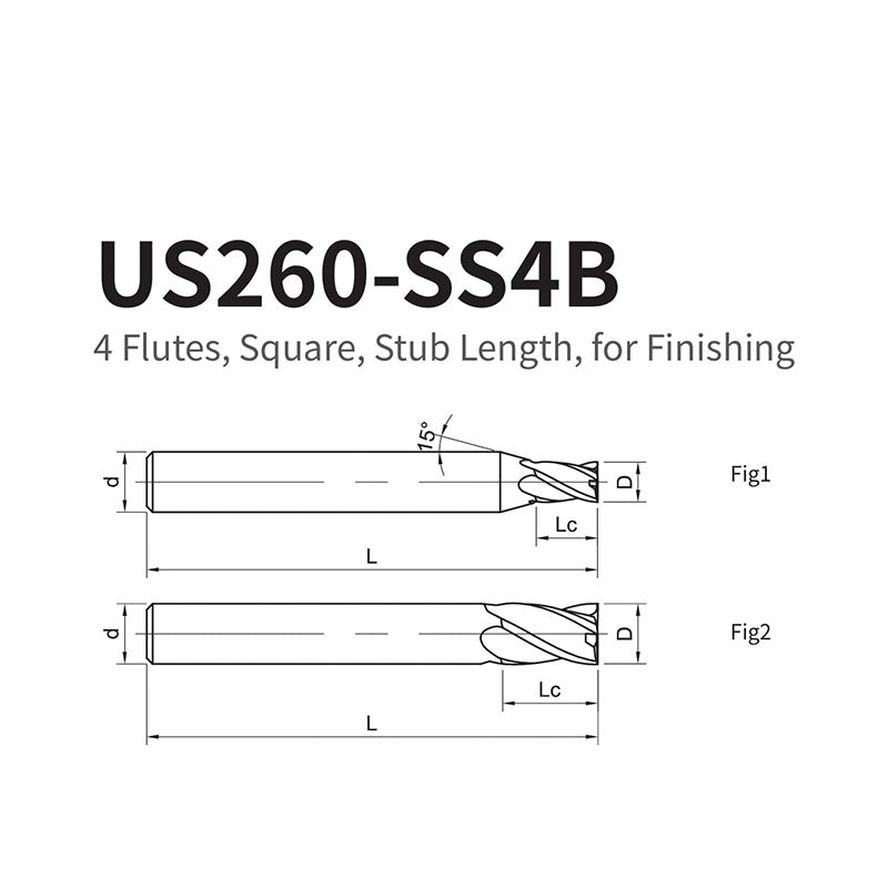 G-US260-SS4B  4 Flutes, Square, Stub Length, for Finishing