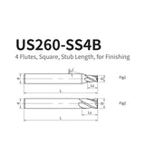 G-US260-SS4B  4 Flutes, Square, Stub Length, for Finishing