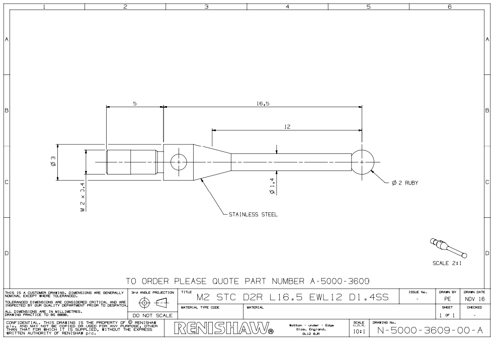 Renishaw A-5000-3609 M2 Ø2 mm ruby ball star stylus centre, stainless steel stem, L 16.3 mm
