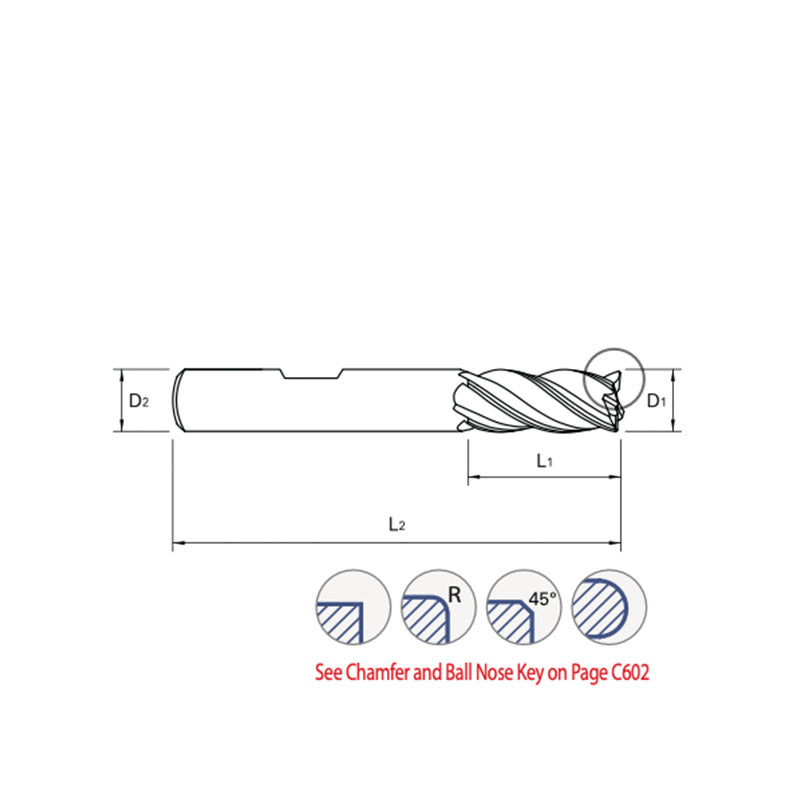 Square UGMF69, Chamfer UGMF77, Corner Radius UGMF71, Ball Nose UGMG54 Carbide, 4 Flute Multiple Length V7 PLUS A  END MILLS