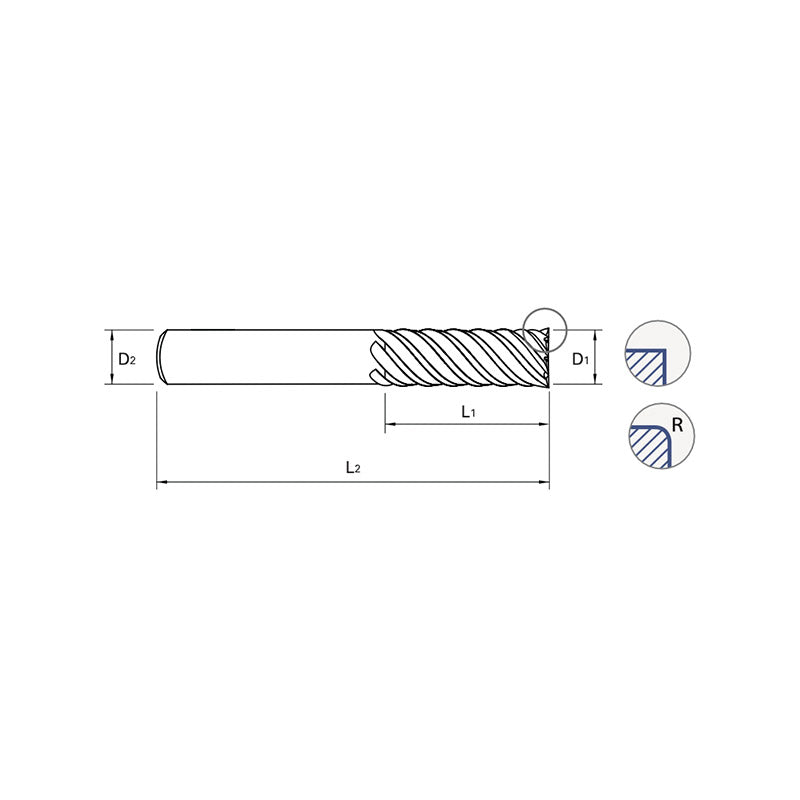 SquareUGMG20,  Corner Radius UGMG22,  Carbide, 6 Flute Extended Reach V7 PLUS A  END MILLS OD 1/4~1/2
